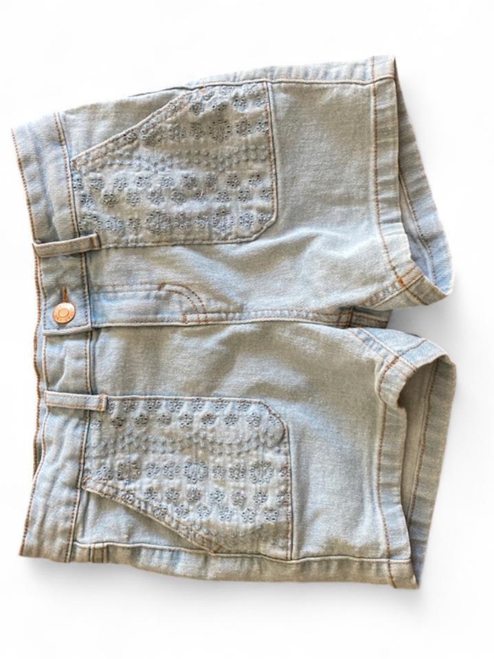 Light Blue Girls' Denim Shorts with Embroidered Front Pockets